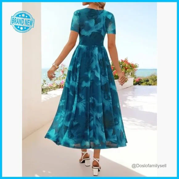 Floral Mesh Maxi Dress Short Sleeve Formal Wedding Guest A-Line Flowy - Picture 4 of 7